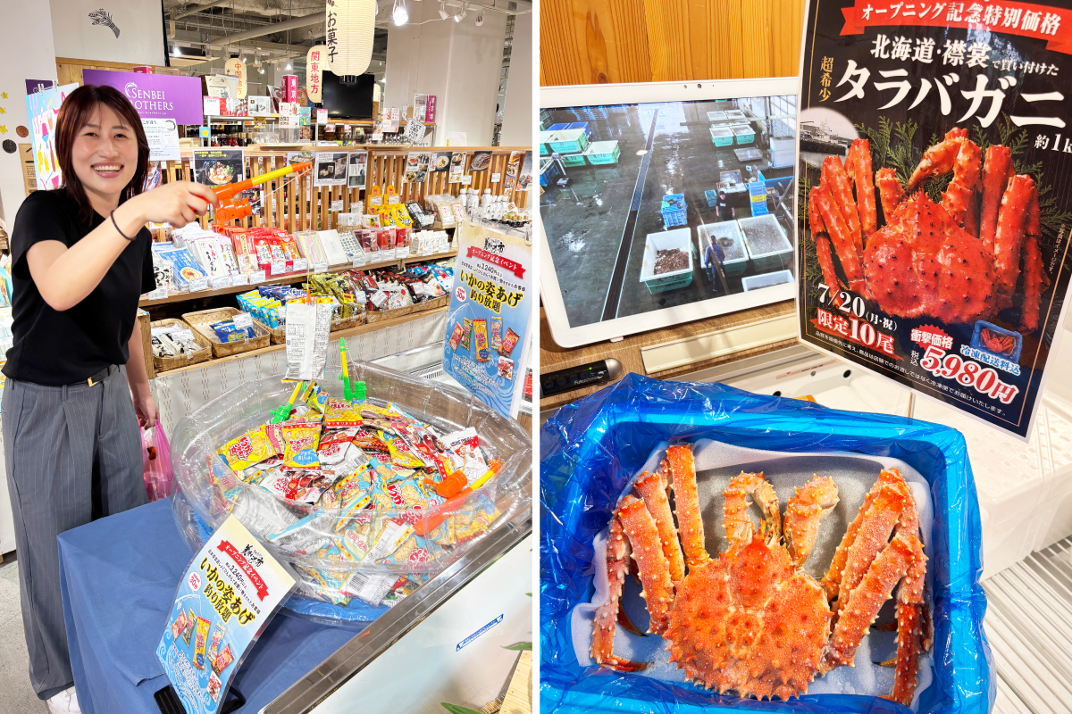 （左）「いかの姿あげ」釣り放題イベントの様子、（右）タラバガニの特別販売の様子